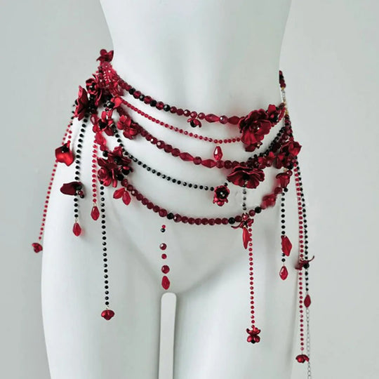 Designer Red belt Jewelry Multilayer Pearl waist chain for Women's Fashion Retro Character Playing Body Accessories Party Belts