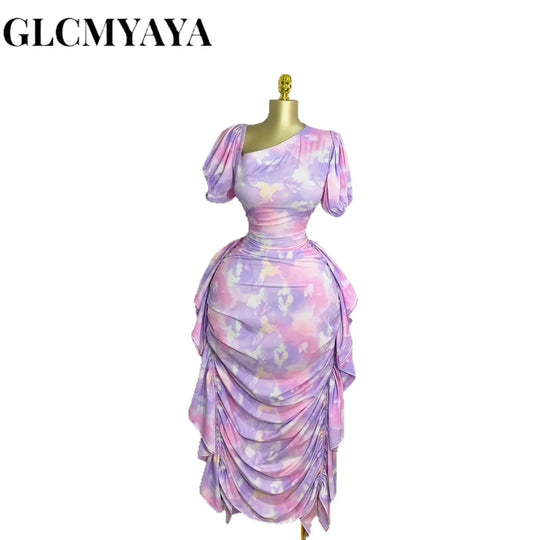 Women Tie Dye Printed Skew Neck Ruched Stacked Bodycon Midi Maxi Long Dress Vacation Holiday Sexy Vestidos Dresses