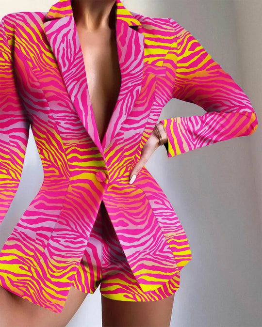Women's Fashion Print Design Suit Jacket & Shorts Set Temperament Commuting Summer New 2024 Women Casual Blazer Outfits