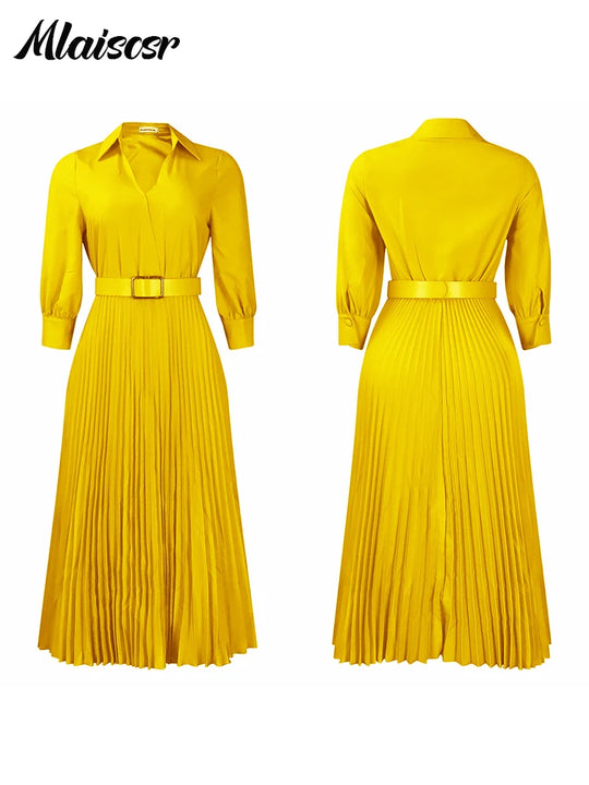 Purple Fashion Belt V-Neck Long Sleeve A-Line Pleated Dress Women Elegant Slim Evening Party Club Vestidos African Robe