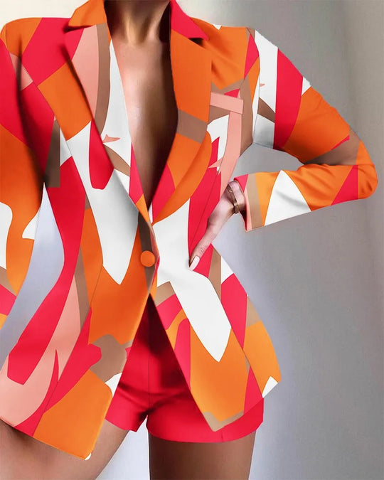 Women's Fashion Print Design Suit Jacket & Shorts Set Temperament Commuting Summer New 2024 Women Casual Blazer Outfits