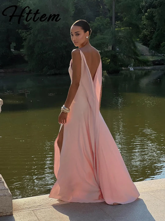 Elegant Split Women' s Dresses Solid Square Collar Backless Sleeveless Long Dress Female 2025 Summer Party Evening Robes