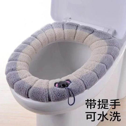 Universal Toilet Seat Cover Winter Warm Soft Seat Mat O-shaped Fleece Pad Bathroom Seat Cushion with Handle Bathroom Accessories
