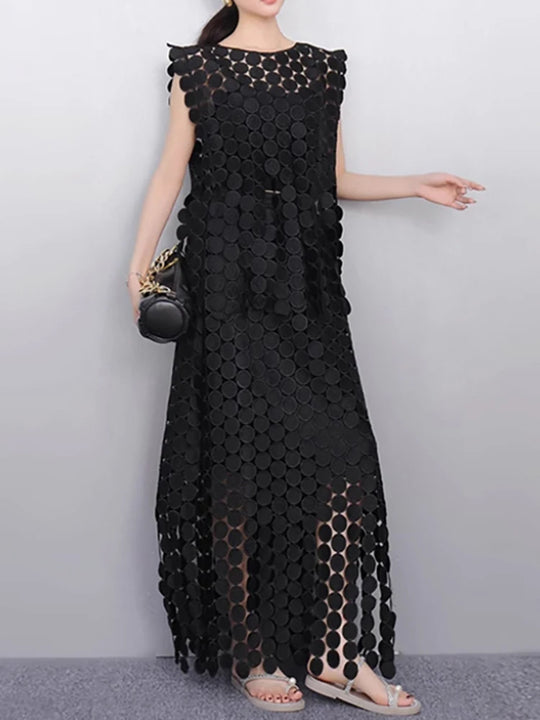 Khaki Hollow Out Tassels T-shirt Half-body Skirt Two Pieces Suit New Round Neck Women Fashion Spring Summer