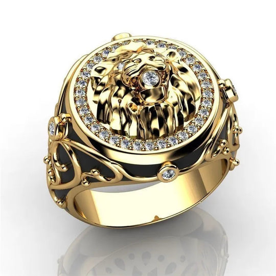 Male Black Stone Lion Punk Rings for Women Men Animal Jewelry Retro Fashion Yellow Gold Color Hip Hop Ring Couple Gift Wholesale