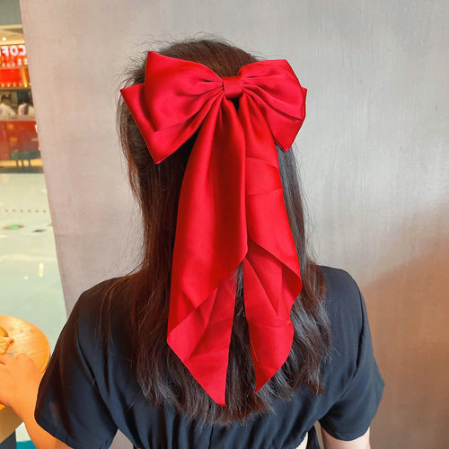 Women Bow Ribbon Hair Clip Fashion Simple Solid Satin Spring Clip Hair