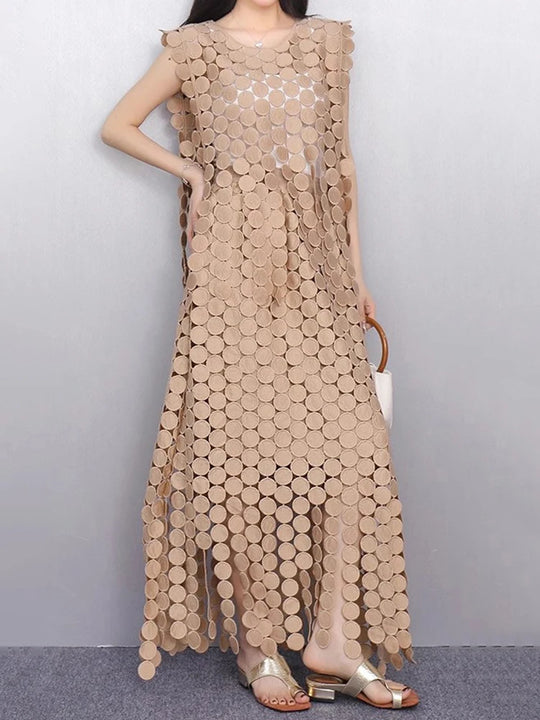 Khaki Hollow Out Tassels T-shirt Half-body Skirt Two Pieces Suit New Round Neck Women Fashion Spring Summer