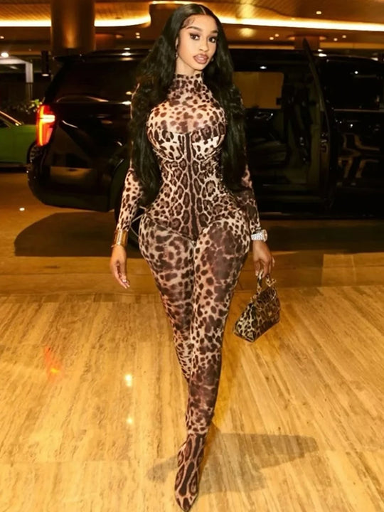 Weird Puss Zip Fit Jumpsuit Women Spring Y2K Leopard Print Full Sleeve Hipster Midnight Stretch Streetwear Workout Overalls