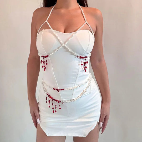 Designer Red belt Jewelry Multilayer Pearl waist chain for Women's Fashion Retro Character Playing Body Accessories Party Belts