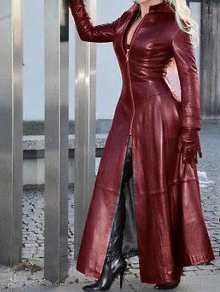 Women's PU Leather Dr Slim Fit Zipper Long Coat Collar Dr Autumn Winter Large Size Street Sle High Waist Long Skirt