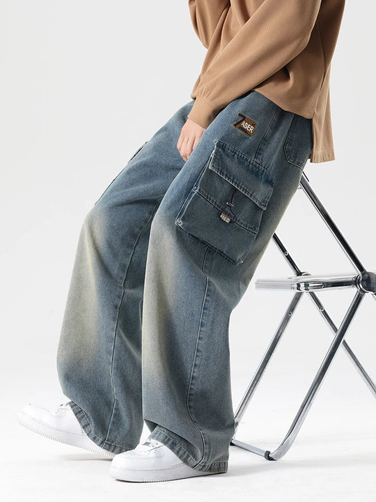 2024 Autumn New Men's Cargo Jeans Big Size 8XL 7XL 6XL String Banding