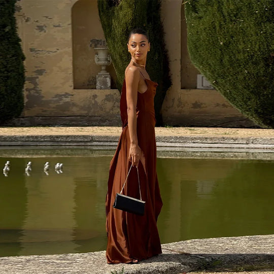 Elegant Split Women' s Dresses Solid Square Collar Backless Sleeveless Long Dress Female 2025 Summer Party Evening Robes