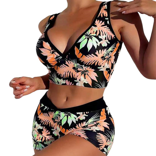 Women High Waisted Print Bikini Wide Shoulder Straps Border High Waist