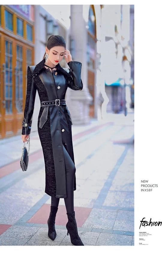 Spring Autumn Long Luxury Elegant Fitted Patchwork Pu Leather Trench Coat for Women Single Breasted Runway Fashion