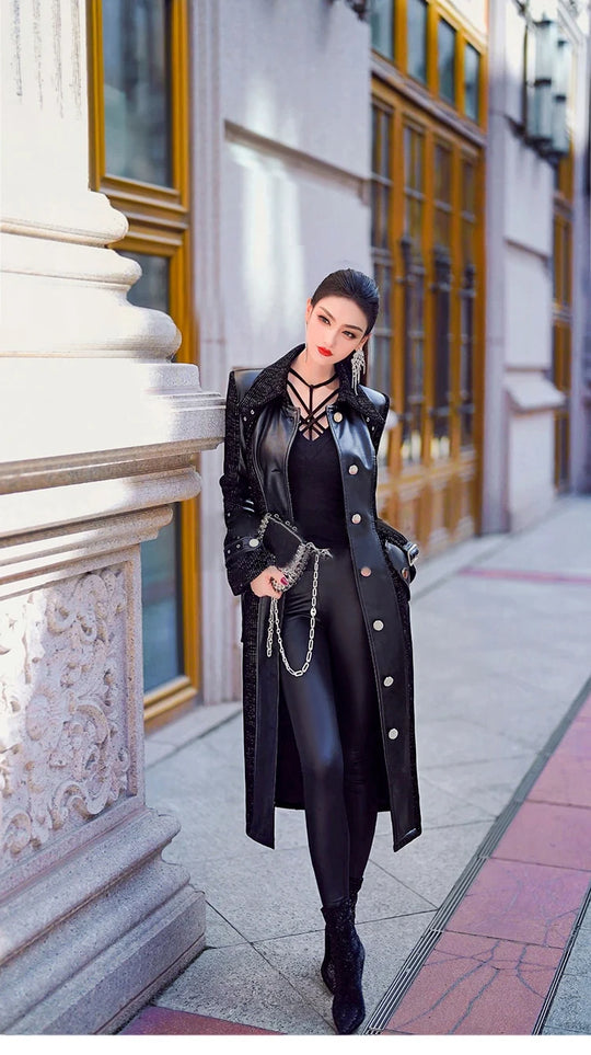 Spring Autumn Long Luxury Elegant Fitted Patchwork Pu Leather Trench Coat for Women Single Breasted Runway Fashion
