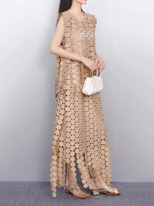 Khaki Hollow Out Tassels T-shirt Half-body Skirt Two Pieces Suit New Round Neck Women Fashion Spring Summer