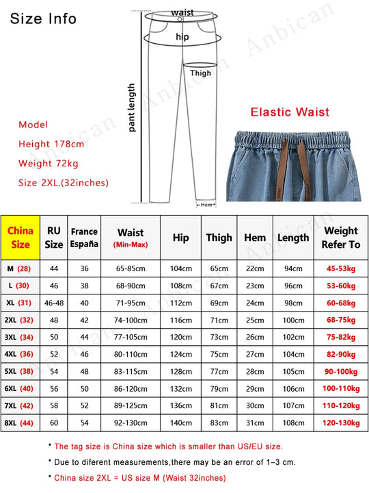 2024 Autumn New Men's Cargo Jeans Big Size 8XL 7XL 6XL String Banding