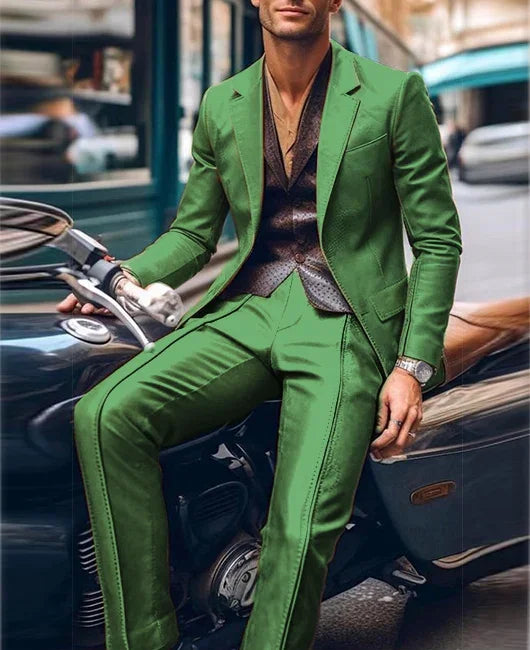 Casual Men's Blazer and Pants 2 Piece Set Lapel Long Sleeve PU Leather Jacket Men Business Casual Prom Suit Motorcycle Style