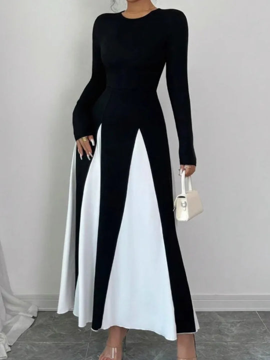 Spring & Autumn Women's Long Sleeve Round Neck A Line Contrast Color Dress, Stylish Black & White Patchwork Long Dress