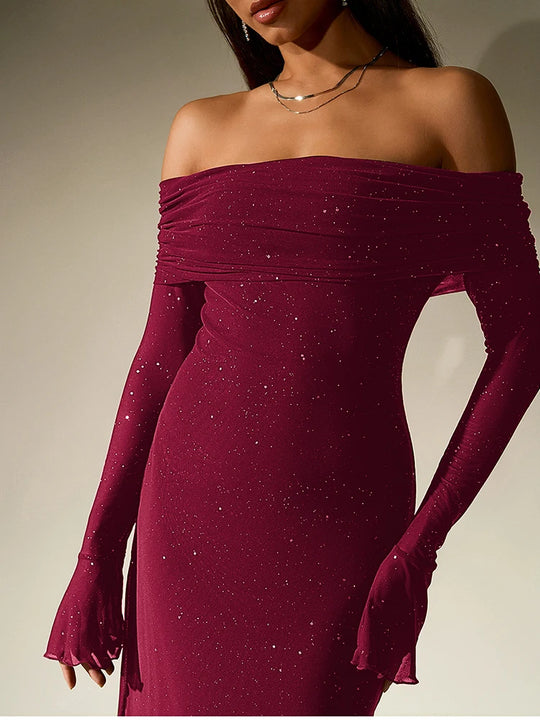 NewAsia Women's Bell Sleeve Off Shoulder Sequin Long Dress Backless