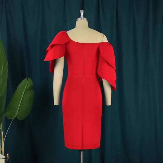 Design sense: niche, sexy, one shoulder lotus leaf edge banquet dress, hip hugging skirt, women's party dress