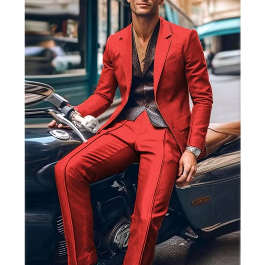 Casual Men's Blazer and Pants 2 Piece Set Lapel Long Sleeve PU Leather Jacket Men Business Casual Prom Suit Motorcycle Style