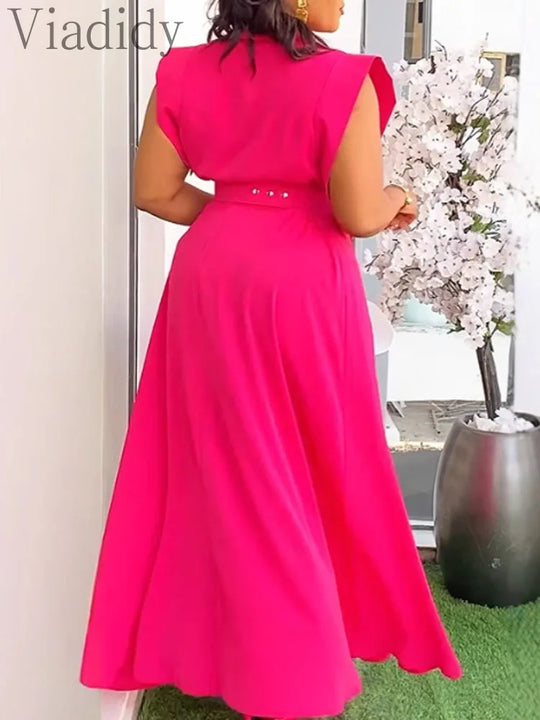 Women's Casual Solid Color Sleeveless Button Front Shirt Blouse and High Waist Big Swing Skirt 2pcs Set