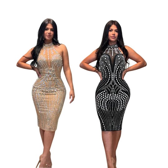 Backless Dress Sexy Wrap Buttocks Vestidos Women Party Dresses Sheath Slim Fit Spliced Summer Diamonds Knee Length