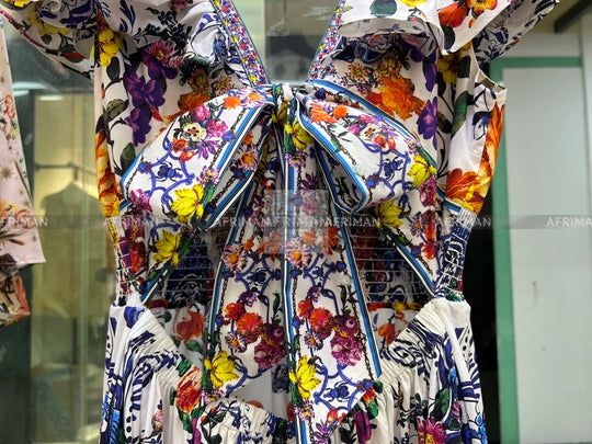 Women V Neck Crystal Beaded Flying Sleeve Retro Flower Print Elastic.