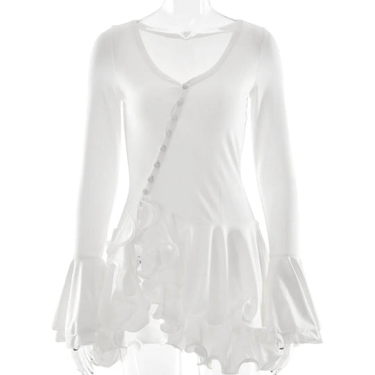 Flare Sleeve Ruffle Sexy V Neck Mini Dress Women Robe Irregular Single-breasted High Waist Slim A-line Club Dress