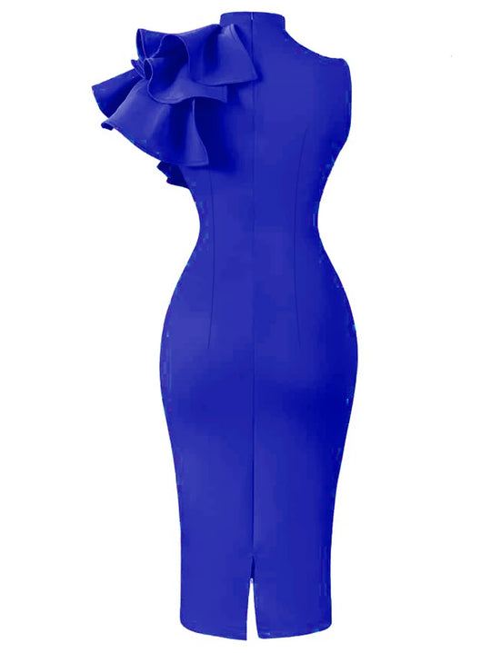 Solid Layered Ruffle Sleeve Trim Dresses Elegant Mock Neck Bodycon Sleeveless Wedding Guest Dress
