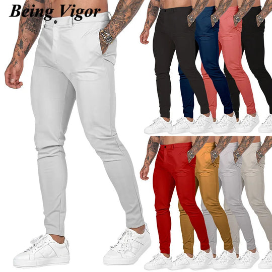 Being Vigor Inch Size Solid Cotton Business Casual Mens Pants Slim Fit
