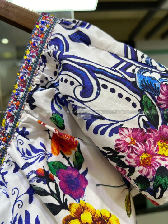 Women V Neck Crystal Beaded Flying Sleeve Retro Flower Print Elastic.