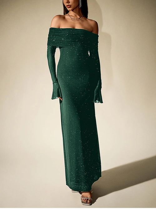 NewAsia Women's Bell Sleeve Off Shoulder Sequin Long Dress Backless