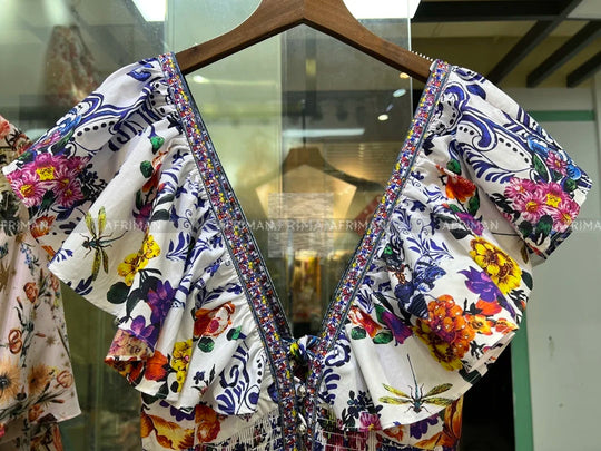 Women V Neck Crystal Beaded Flying Sleeve Retro Flower Print Elastic.