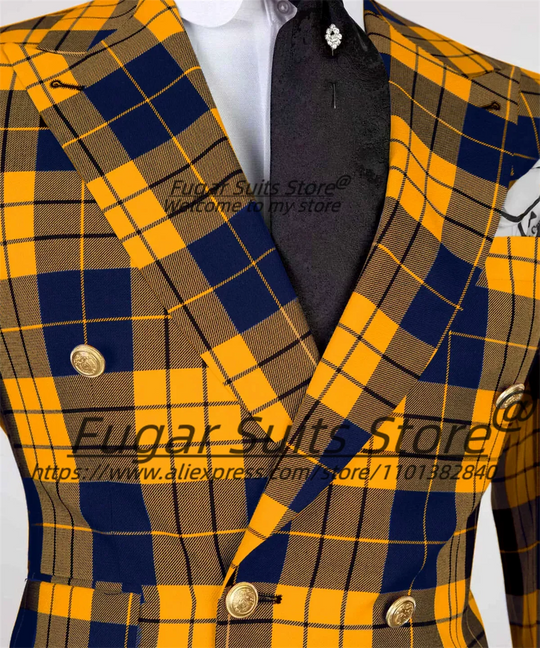 British Plaid Men Suits Slim Fit Double Breasted Groom Wedding Tuxedos 2 Pieces Sets Elegant Male Blazers Ropa Hombre