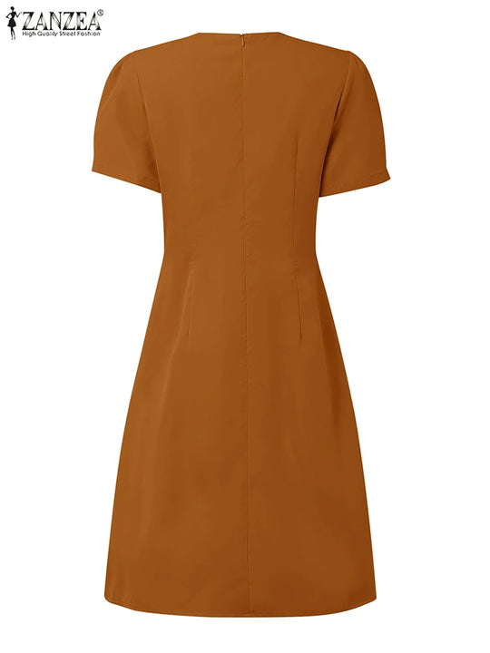 Elegant Pleated Dresses Women Summer Dress V Neck Puff Sleeve Party Vestidos Stylish Solid OL Work Sundress