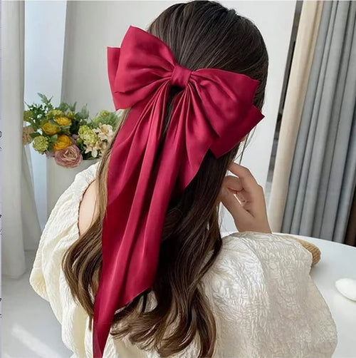 Women Bow Ribbon Hair Clip Fashion Simple Solid Satin Spring Clip Hair