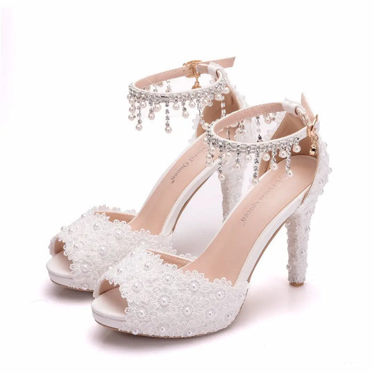 Women High Heel Shoes for Female Pointed Fashion Sandals Lace Pearl Platform PU 10CM Thin Heels Peep Toe Dress Woman Shoes