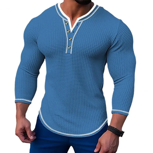 New Men's Waffle Solid color T-shirt Long sleeve V-cardigan Henry Neck