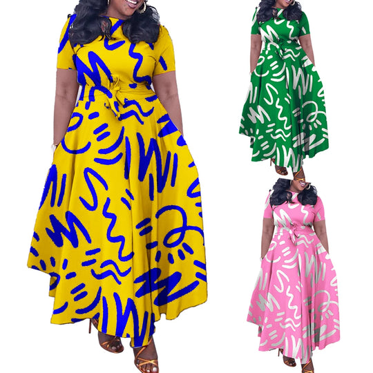 Summer Casual Short Sleeve Woman Dress Office Ladies Casual Fashion Print Loose African Dresses for Women 2025 Female Robe