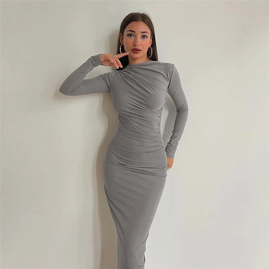 Cryptographic Autumn Elegant Ruched Long Bodycon Dress Fashion Outfits