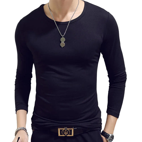White Solid Color Basic Slim Men T-shirt Spring Autumn Bottoming Shirt
