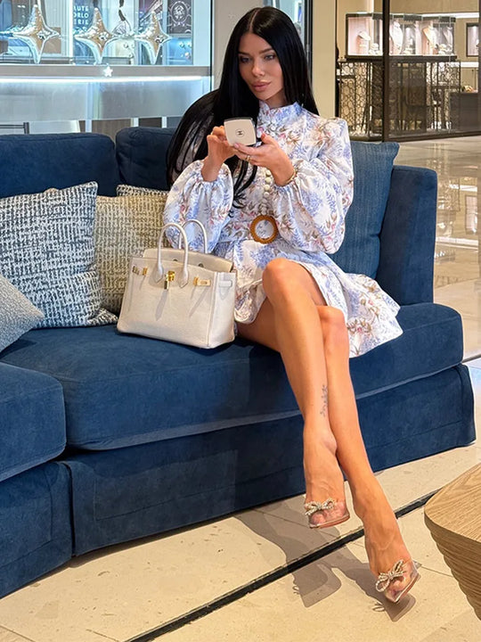 Elegant Women's Printed Dress Long Sleeve O-Neck Button Lady Dresses With Belt Summer Fashion Female Party Short Dress