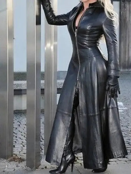 Women's PU Leather Dr Slim Fit Zipper Long Coat Collar Dr Autumn Winter Large Size Street Sle High Waist Long Skirt