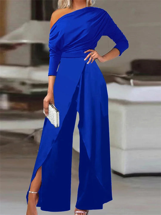 Jumpsuits for Women Plain Elegant Office Lady Loose Ruched One Shoulder Split Hem Wide Leg Jumpsuit