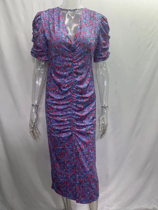 Summer Elegant Floral Long Dress For Women Sexy V Neck High Waist Short Sleeve Slim Package Hip Dress Female Office Lady Vestido