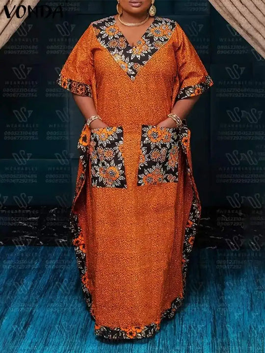 VONDA Fashion Long Dress Women Summer Sundress Bohemian V-Neck Short Sleeve Printed Maxi Dress 2025 Casual Pockets Oversize Robe
