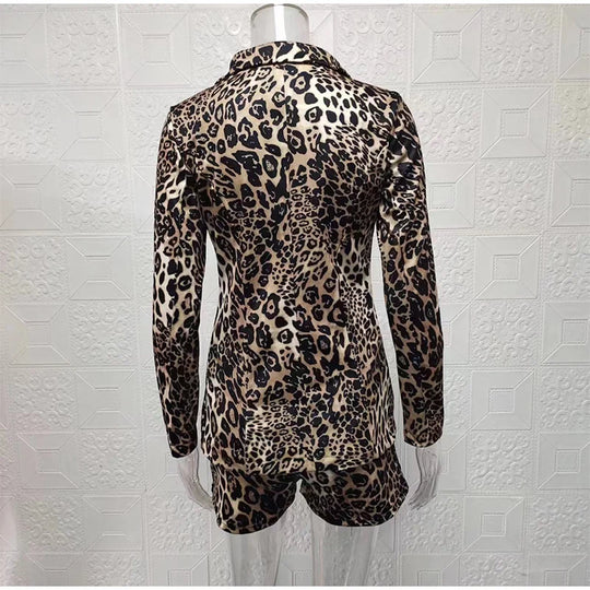 Fashion Turn-down Collar Printed Top Pants Set Women Elegant Full Sleeve Top Short Pants Suit Lady Summer Chic Casual Sets