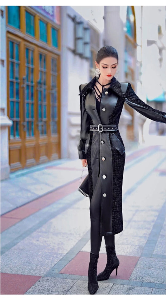 Spring Autumn Long Luxury Elegant Fitted Patchwork Pu Leather Trench Coat for Women Single Breasted Runway Fashion